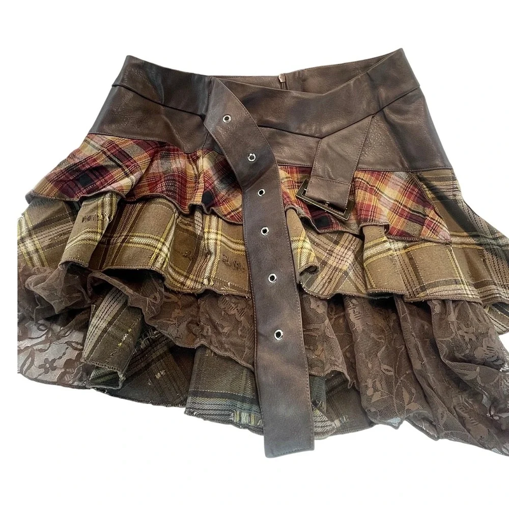 Plaid Tiered Ruffle Skirt Brown Lace Faux Leather Trim Mini Punk Grunge Med 3Set - Picture 2 of 8